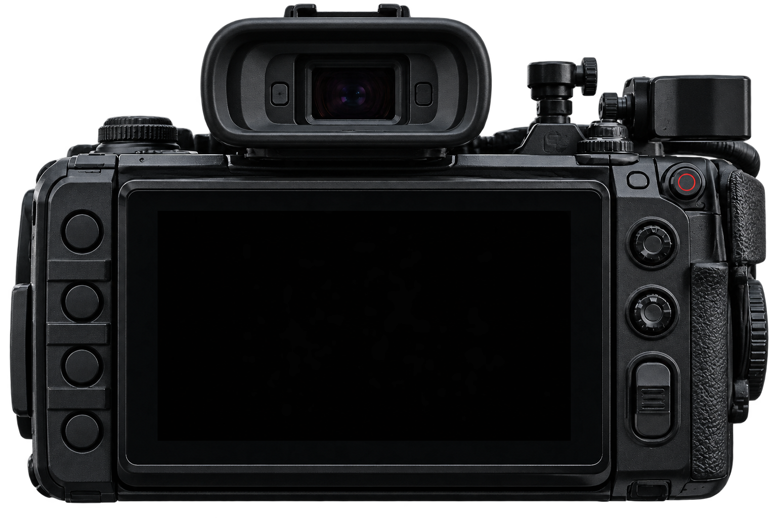 Rear view of a professional video camera with a large central interview screen and controls on both sides